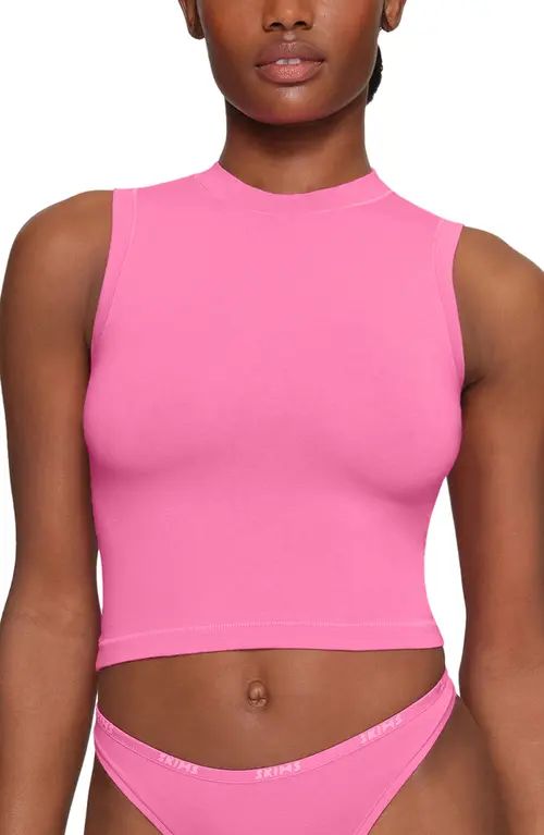 SKIMS Stretch Cotton Jersey Mock Neck Tank in Pink at Nordstrom, Size Small Regular | Nordstrom