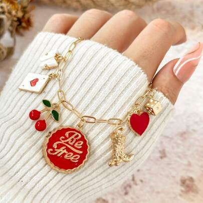 1pc Western Cowboy Boot, Cherry Dice, Letter Bottle Cap, Red Heart Charm, Chain Necklace Valentines | SHEIN
