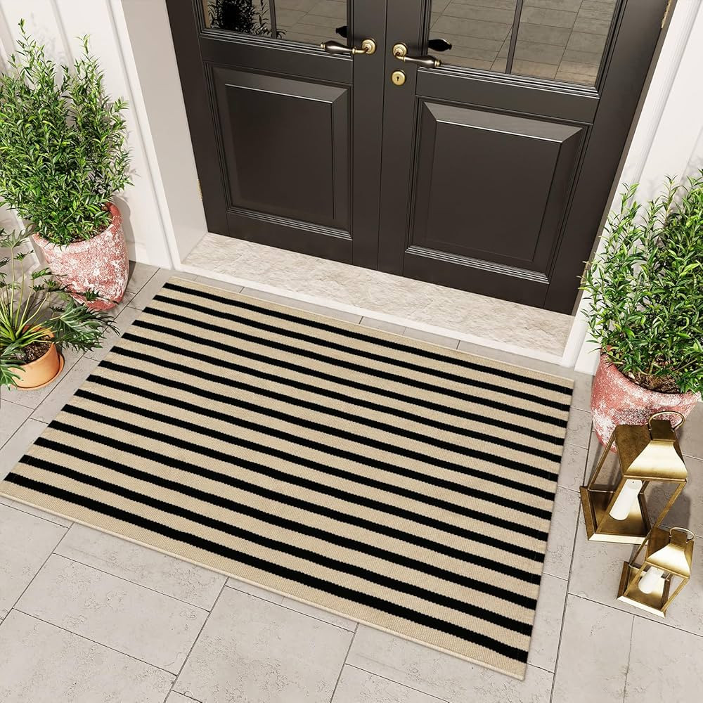 OJIA Washable Outdoor Rug 3'x5', Black and Tan Striped Outdoor Porch Rug Entryway Rugs Indoor Fro... | Amazon (US)