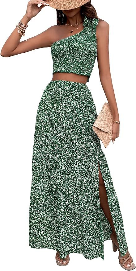 Verdusa Women's 2 Piece Outfit Floral Tie Shoulder Crop Top and Split Maxi Skirt Sets | Amazon (US)
