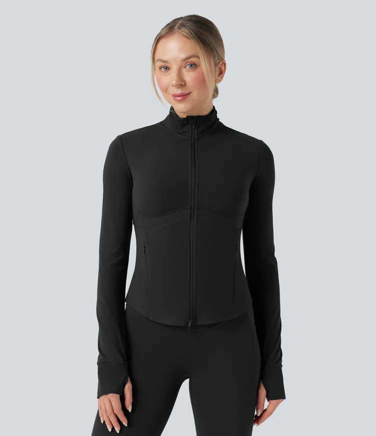 Women’s Halara UltraSculpt™ Mock Neck Push-Up Long Sleeve Thumb Hole Yoga Jacket with Pockets... | HALARA