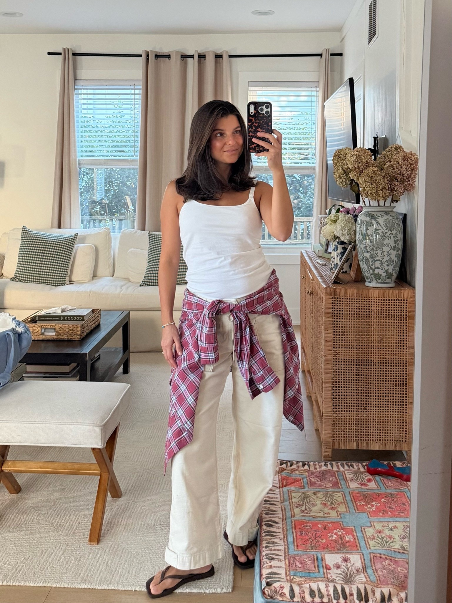 [10/12/26] tank is kindred bravely 95% cotton nursing cami (size medium because I wanted a looser fit), bottoms are @abercrombie 100% cotton low rise weekender pant in size 26, paired with madewell flannel (no longer available in this red color, but linking similar red flannels) and my most worn havaianas styles