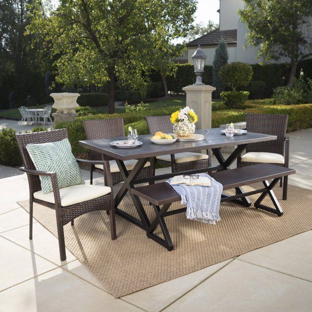 Tripoli Outdoor 6 Piece Brown Aluminum Dining Set with Bench and Brown Wicker Dining Chairs with ... | Walmart (US)