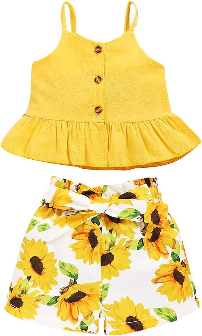 Kucnuzki Toddler Baby Girl Clothes Summer Outfits Ruffle Sleeveless Linen Shirt Kid Short Set for... | Amazon (US)