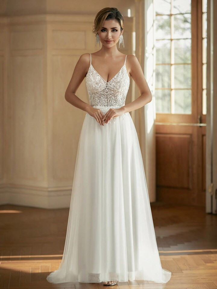 Floral Embroidery V-Neck Sheer Wedding Dress | SHEIN