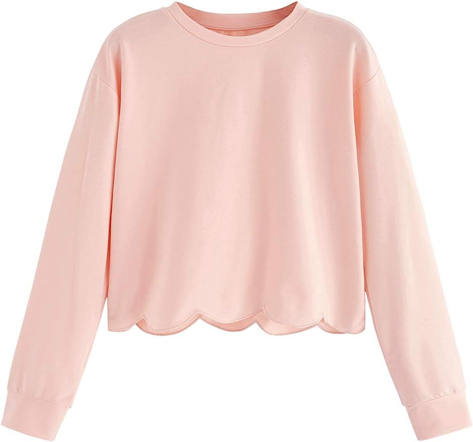 ROMWE Women's Casual Long Sleeve Scalloped Hem Crop Tops Sweatshirt | Amazon (US)