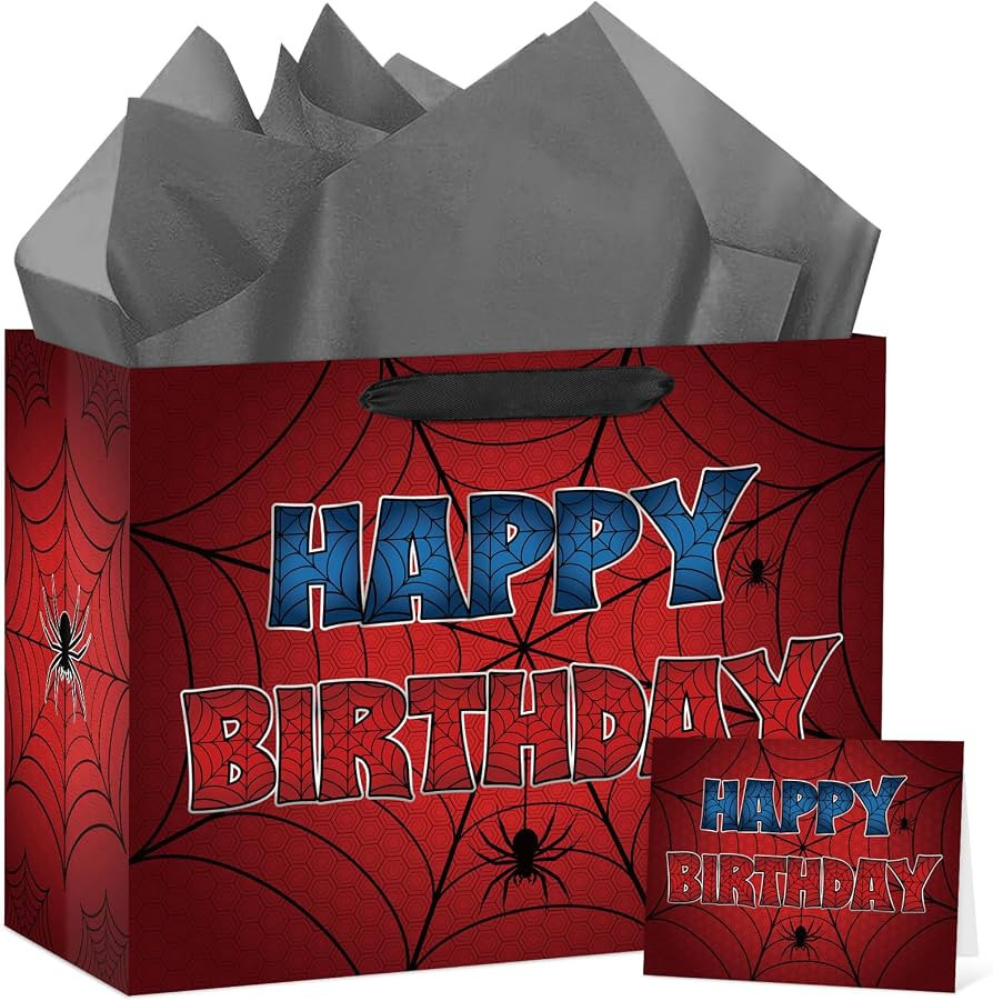 Hooqict Spider Gift Bag Happy Birthday Gift Wrapping Bag with Handles, Tissue Paper, Greeting Car... | Amazon (US)