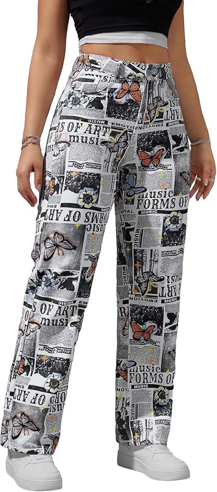 WDIRARA Women's Butterfly Newspaper Print High Waist Button Flare Leg Jeans Denim Pants | Amazon (US)