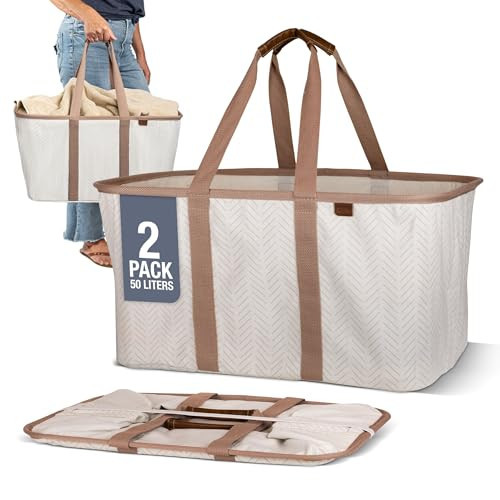 CleverMade Collapsible Laundry Baskets, 50L LUXE Tote 2 Pack, Cream | Amazon (US)