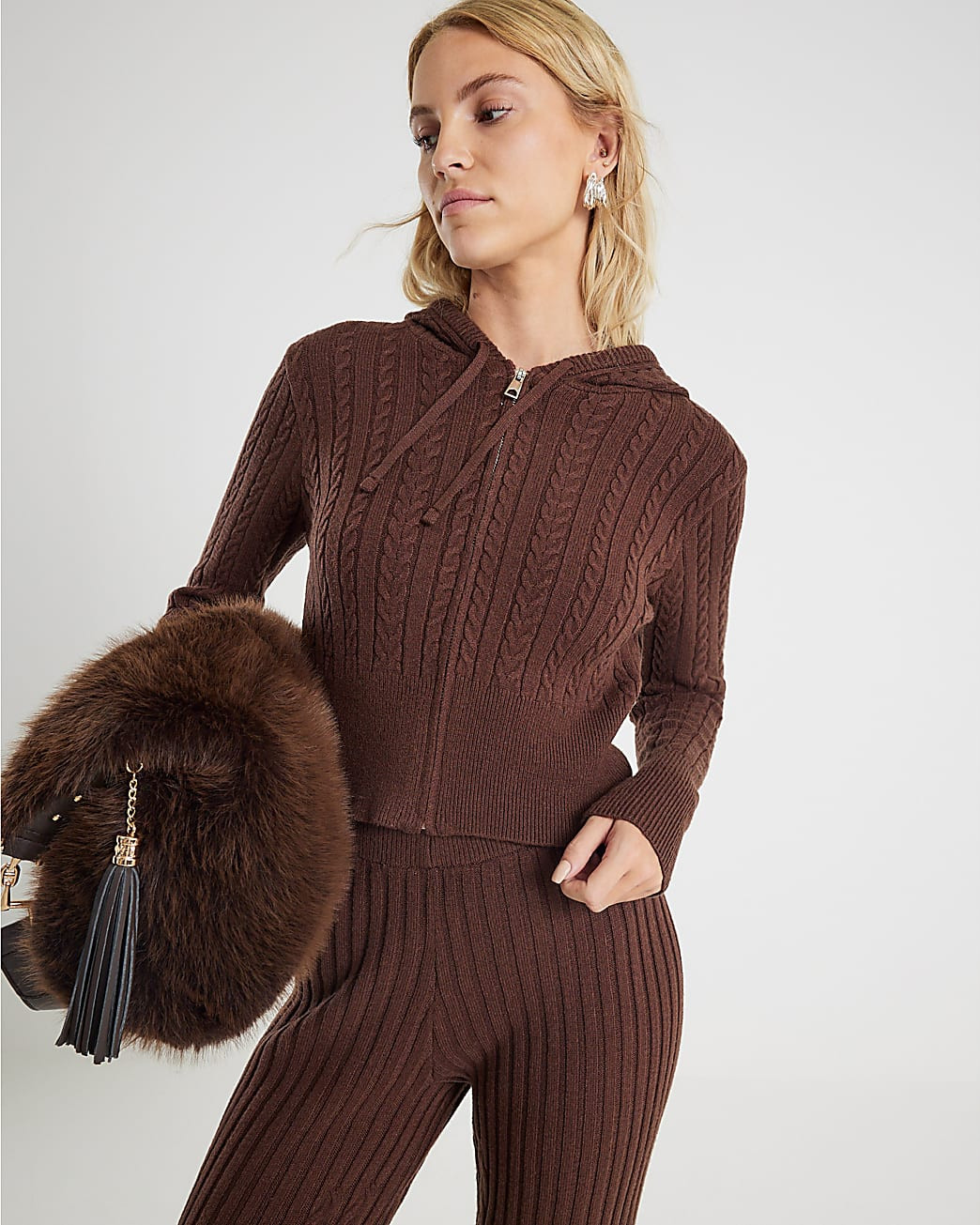 Brown Cable Knit Hoodie | River Island UK & IE
