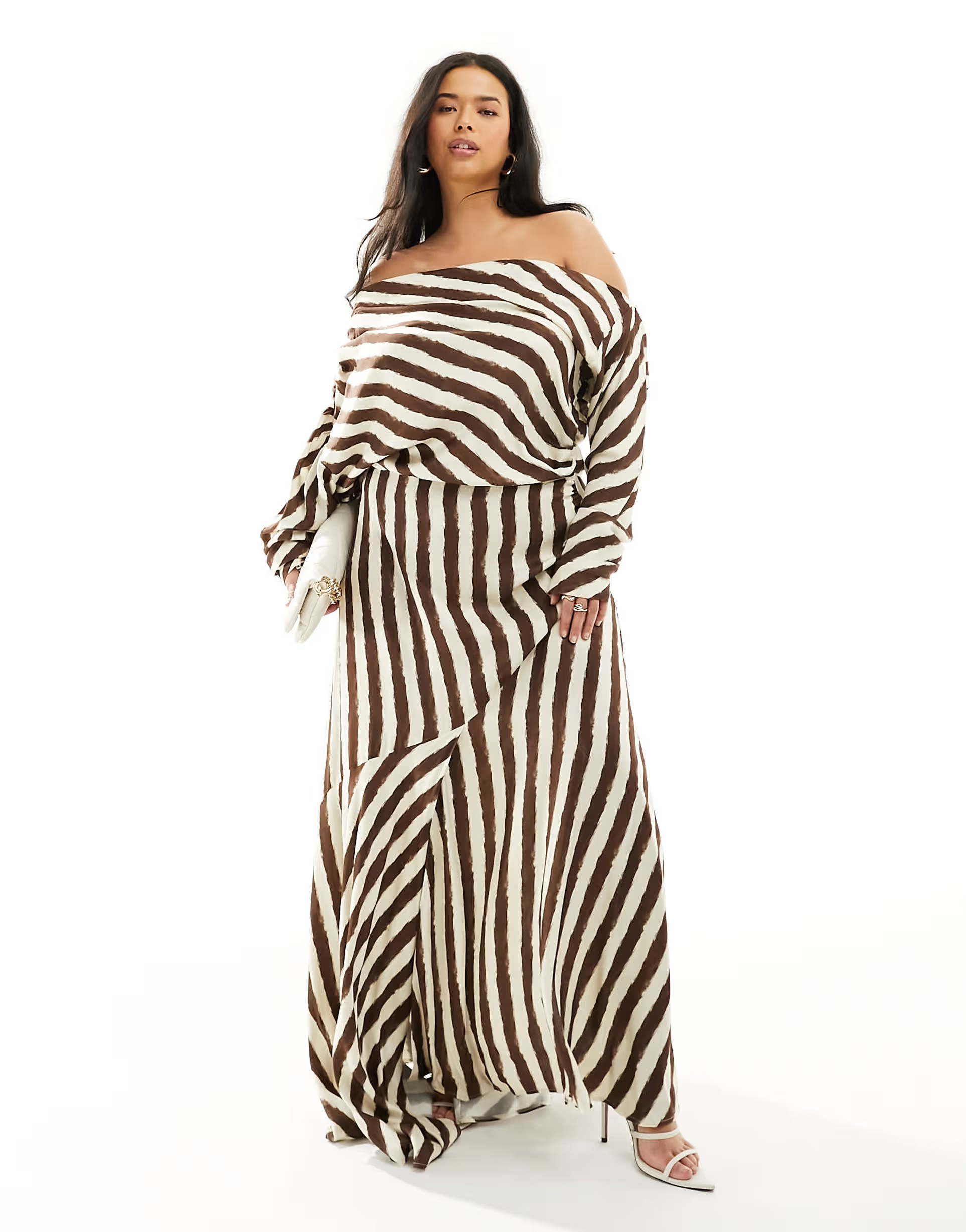 ASOS EDITION Curve fallen shoulder midi dress in chocolate stripe | ASOS | ASOS (Global)