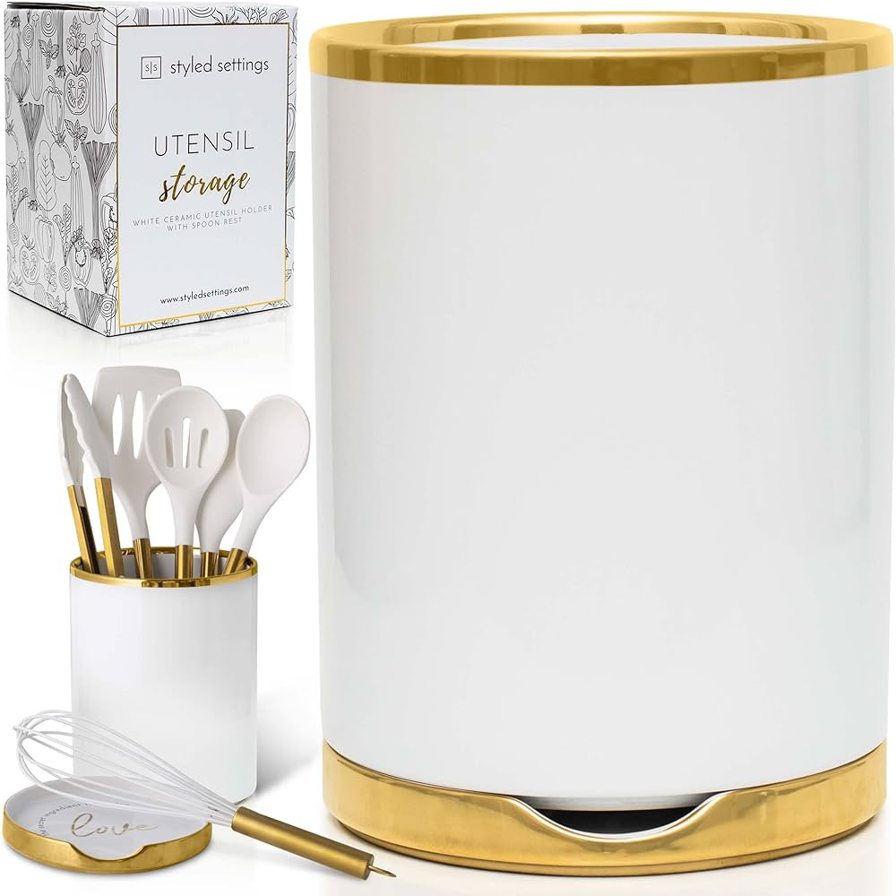 White Utensil Holder with Built-In Ceramic Spoon Rest - 2 PC Luxe White & Gold Utensil Holder for... | Amazon (US)