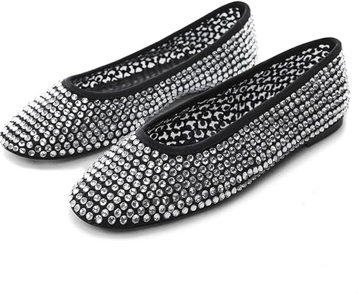 Ballet Flats for Women Nude Rhinestone Sparkly Flats Comfortable Mesh Round Toe Ballerina Shoes i... | Amazon (US)