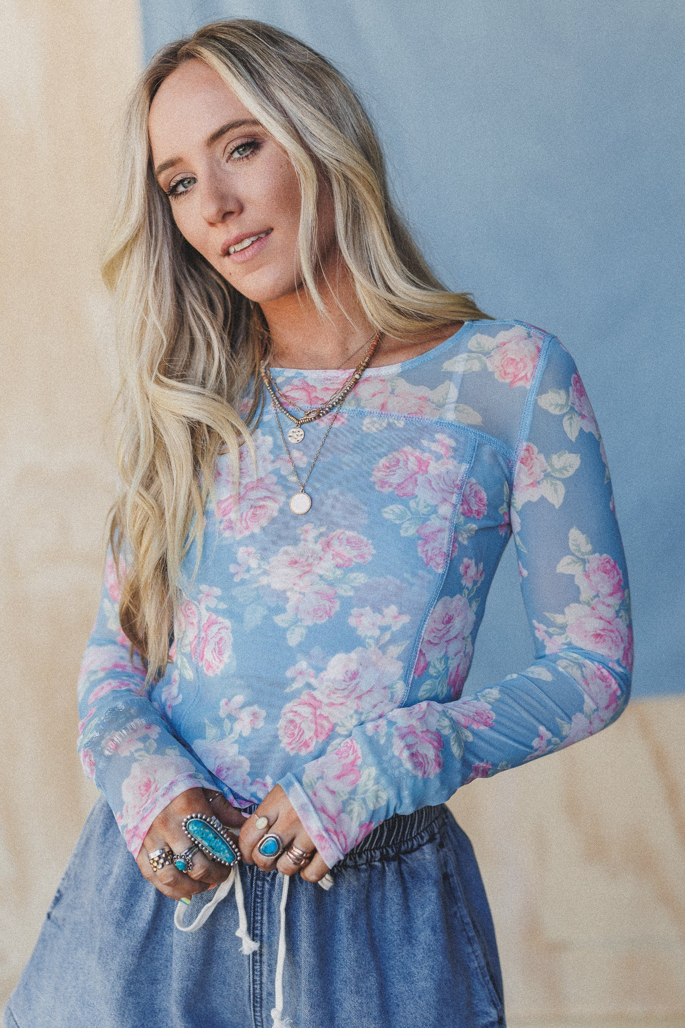 Heidi Floral Mesh Top - Blue | Three Bird Nest