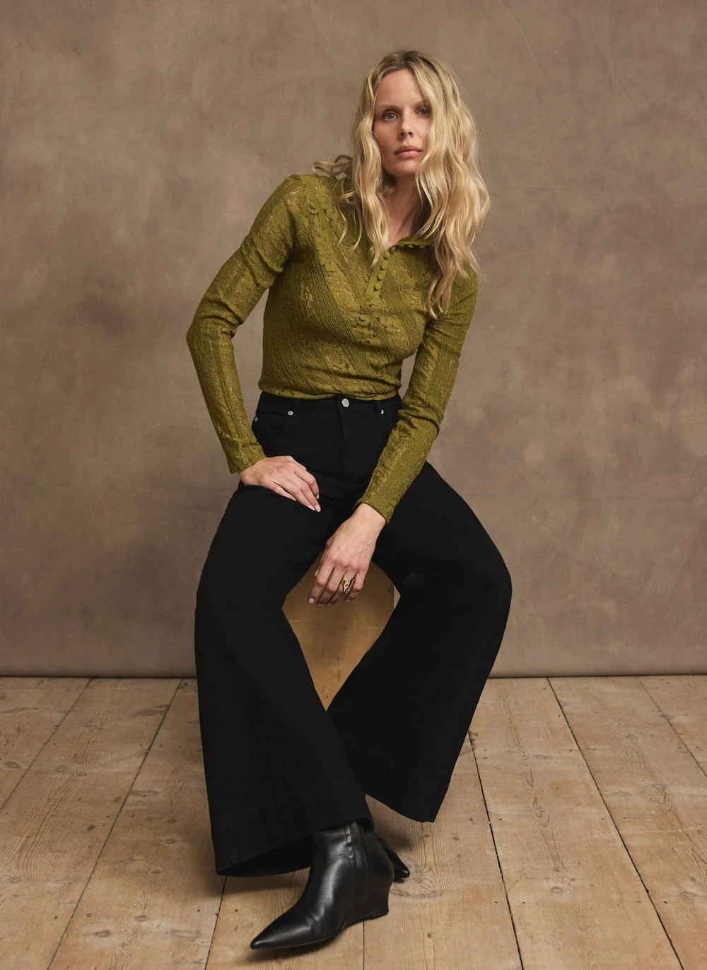 Olive Green Lace Button Detail Top | Mint Velvet