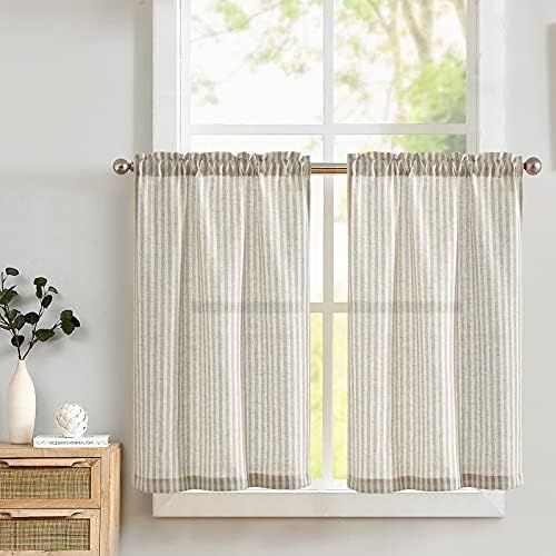 Lazzzy Kitchen Curtains Linen Striped Curtains Grey Tier Curatins Cafe Curtains for Bathroom Kitc... | Amazon (US)