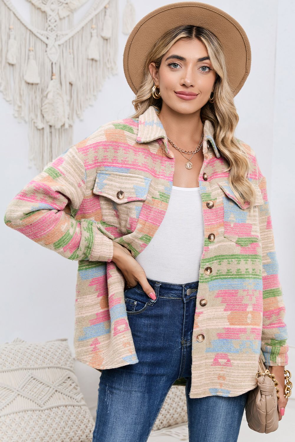 Multicolor Button Up Flap Pockets Aztec Jacket for Women | Shewin