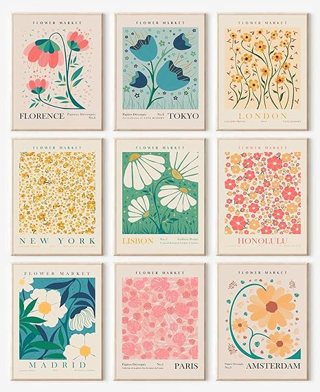 Flower Market Poster Set of 9, Abstract Flower Market Wall Art Prints, Vintage Colorful Floral Wa... | Amazon (US)