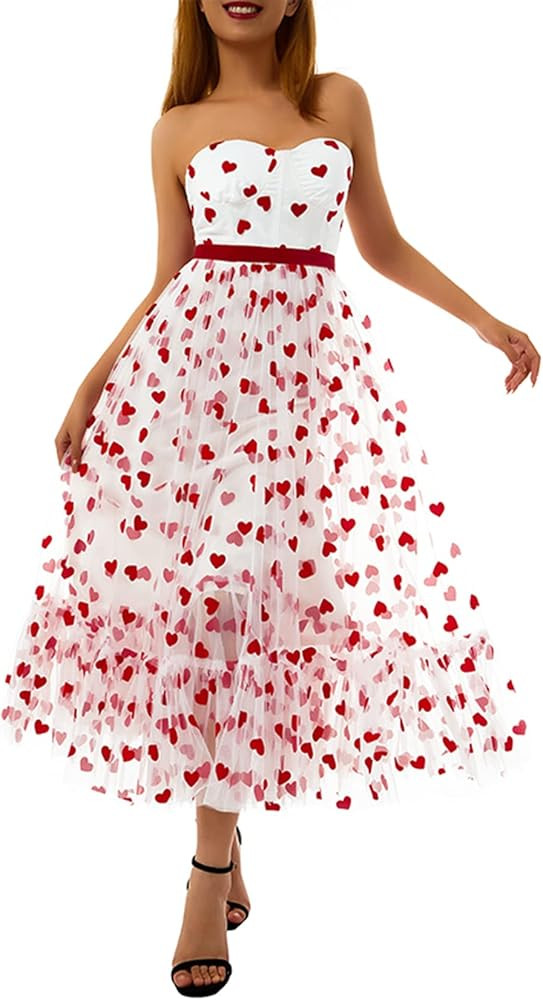 Women Love Heart Tulle Dress Sexy Off Shoulder Long Dress Layered Puffy Tube Dress Valentine's Da... | Amazon (US)
