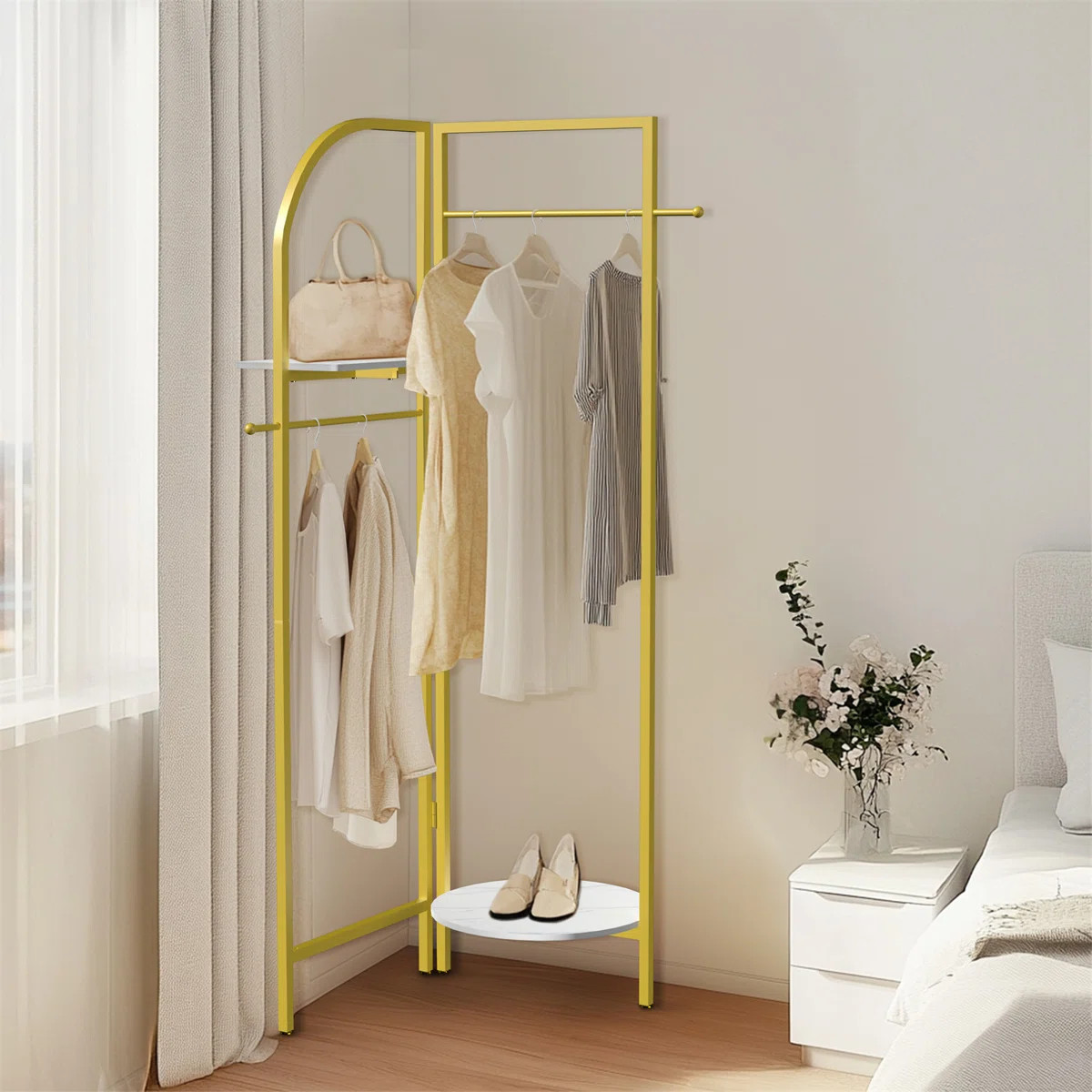 2 In 1 Corner Clothes Stand Freestanding Industrial Gold Metal Coat Rack With Shelves | Wayfair North America