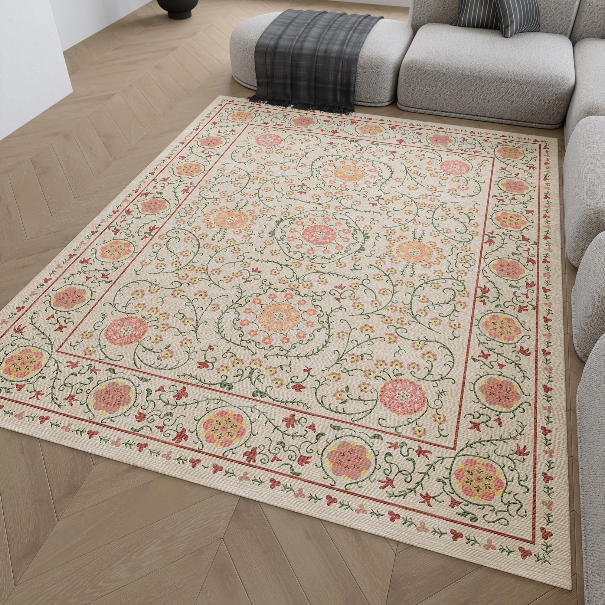Vintage Floral Area Rug 8x10 Beige and Pink Machine Washable Rug, Ornamental Faux Wool Carpet | Amazon (US)