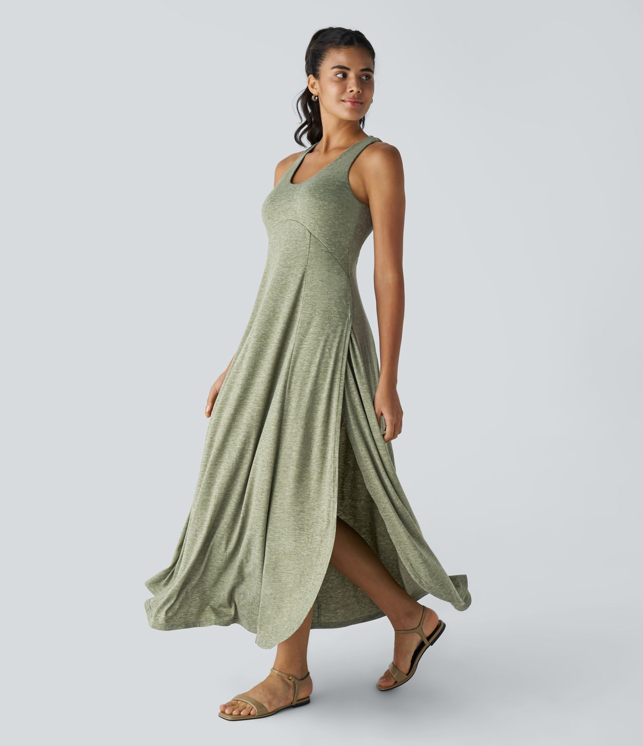 Women’s U Neck Backless Split Flowy Maxi Casual Tank Dress - Halara | HALARA