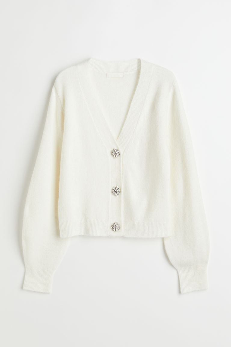 H & M - Rhinestone-button Knit Cardigan - White | H&M (US + CA)