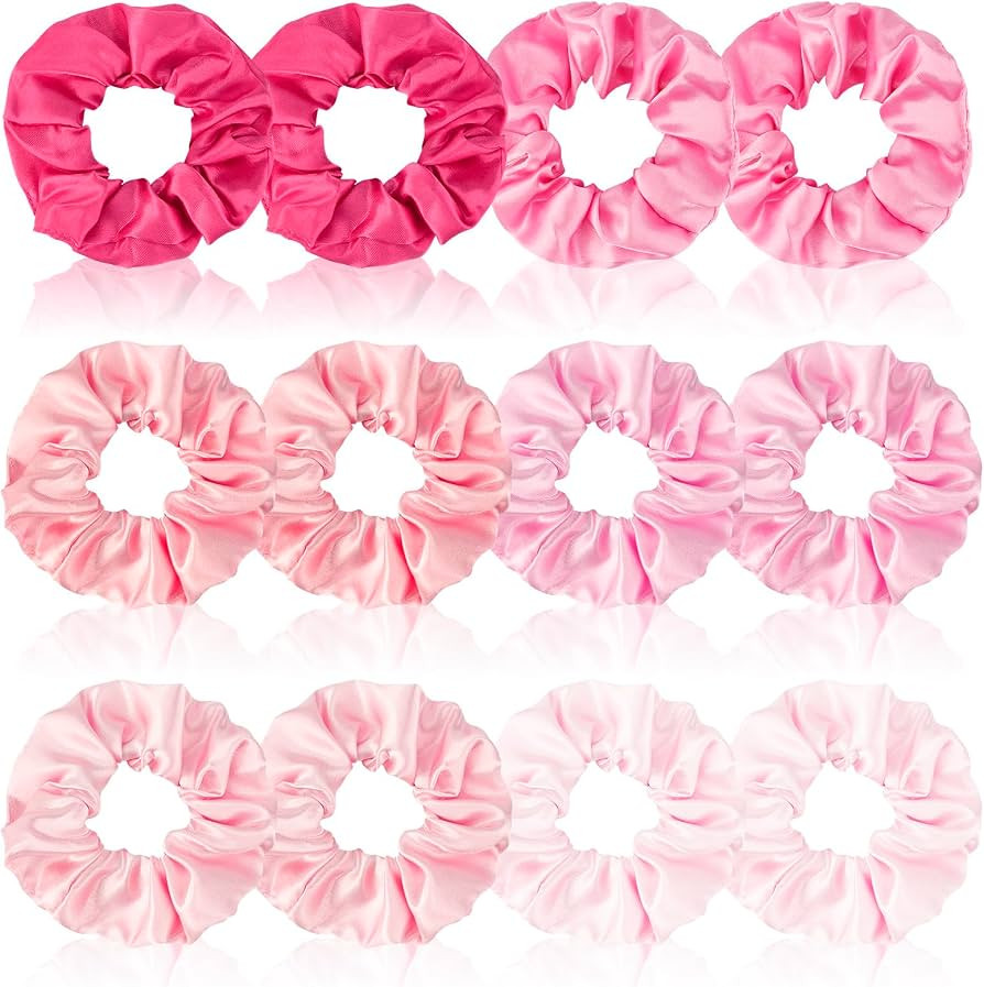 𝘾𝙐𝘽𝘼𝘾𝙊 Pink Scrunchies for Women Pink Satin Scrunchies, 12pcs Elastic Pink Silk... | Amazon (US)