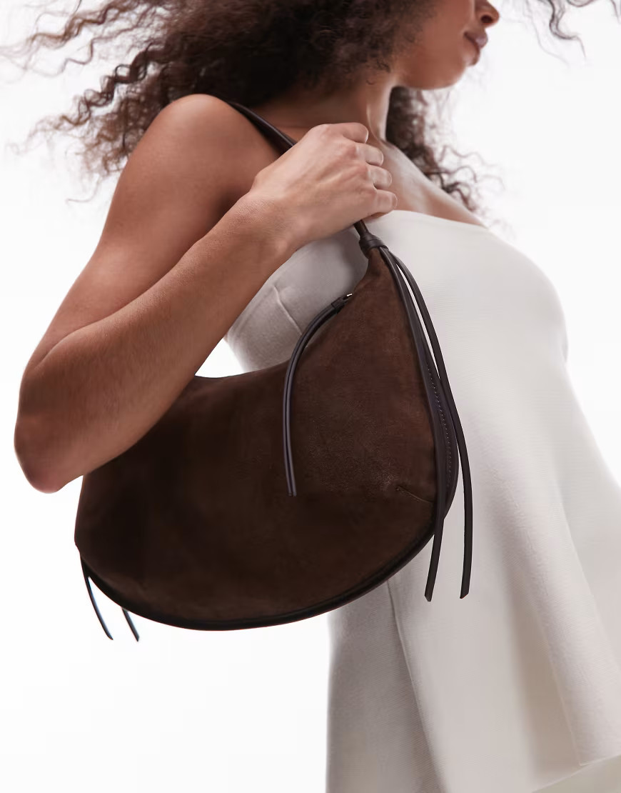 & Other Stories small shoulder curved suede tote bag with leather fringe trims in brown | ASOS (Global)
