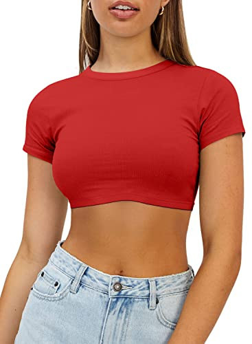 Haochic Womens Red Crop Tops Summer T-Shirt Basic Short Sleeve Fitted Ribbed Casual Double Lined Tee Shirt XS | Amazon (US)