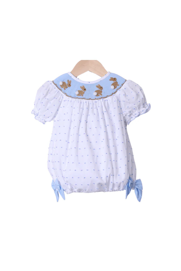 Smocked Bunny White and Blue Swiss Dot Bubble | The Smocked Flamingo