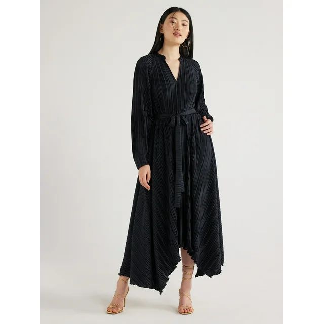 Scoop Women’s Pleated Handkerchief Hem Dress with Long Sleeves, Sizes XS-XXL | Walmart (US)