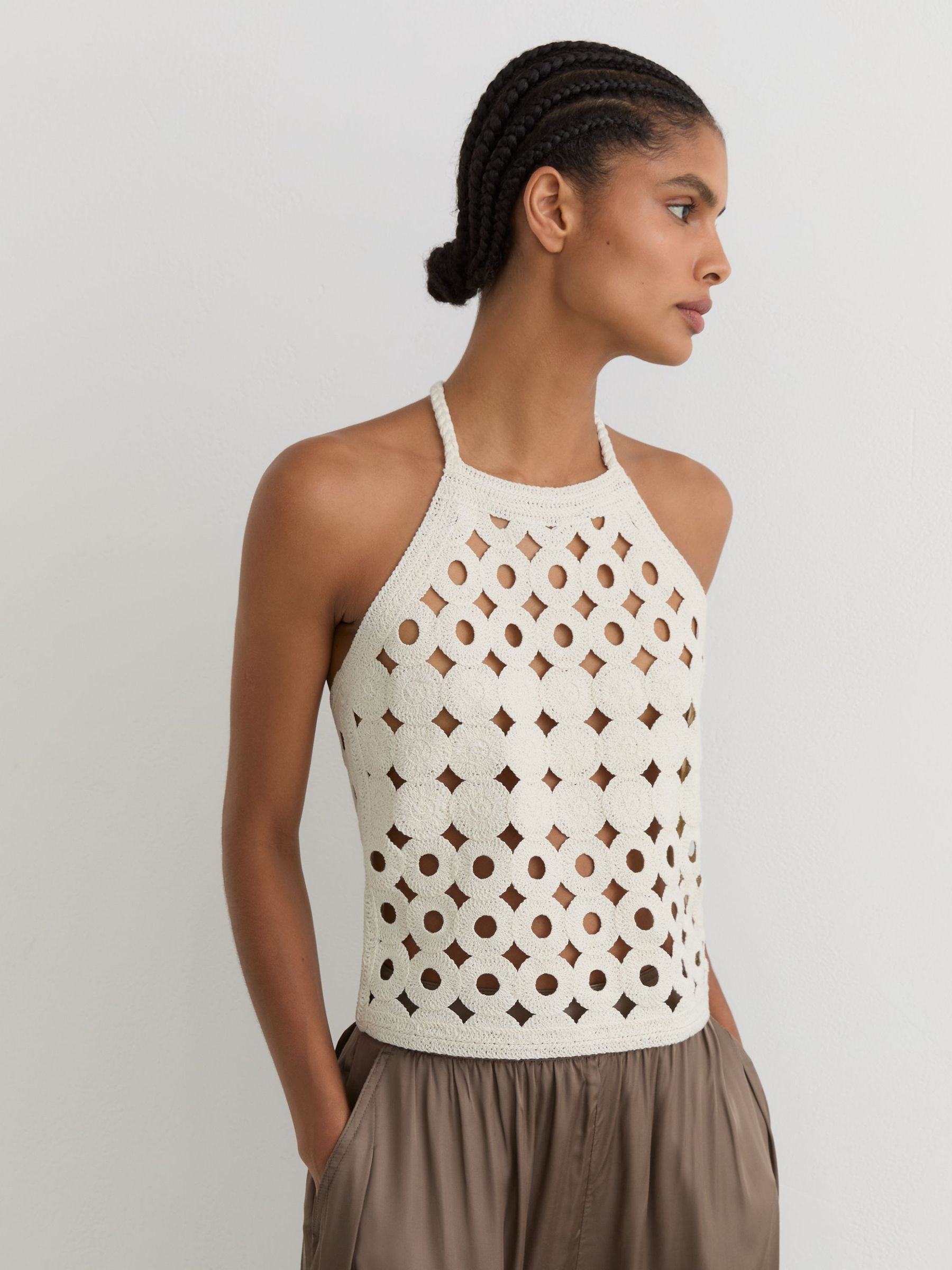 Reiss Cotton Cut-Out Knitted Halterneck Top in White - REISS | Reiss UK