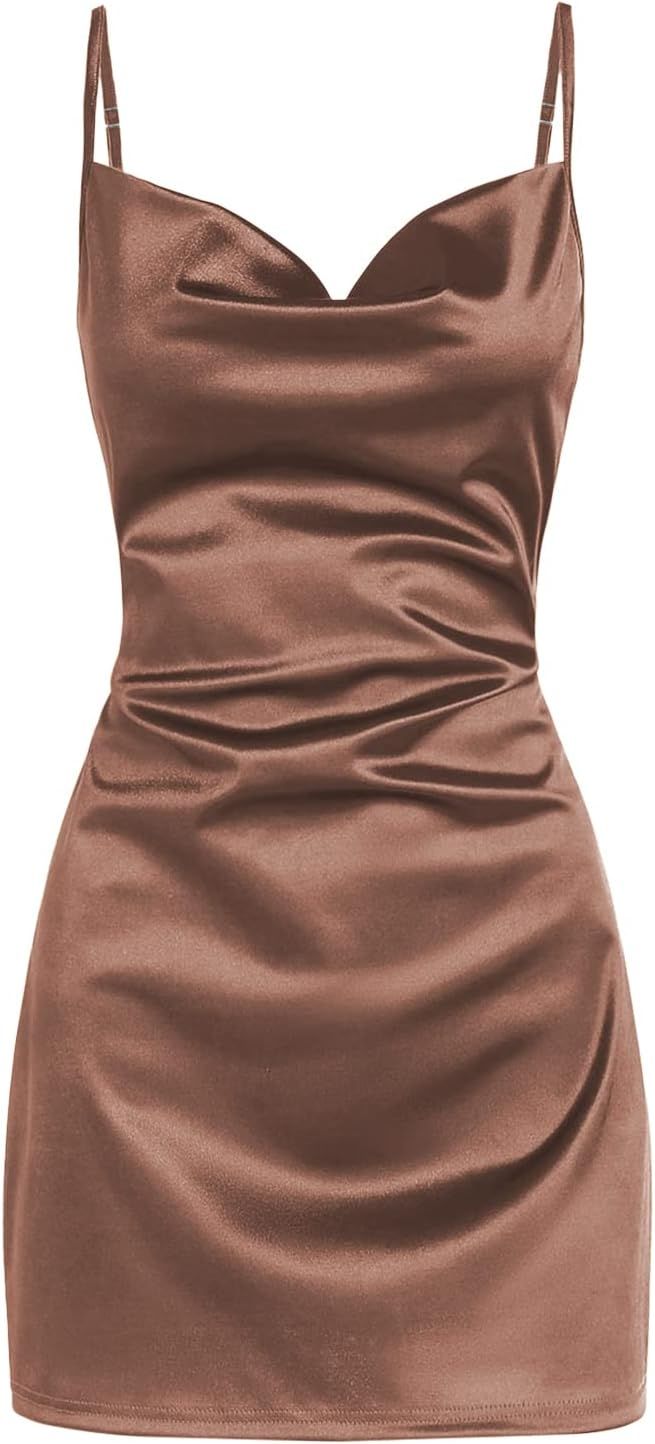 ZAFUL Women's Satin Sleeveless Spaghetti Strap Mini Dress Sexy Slip Cowl Neck Silky Cocktail Part... | Amazon (US)