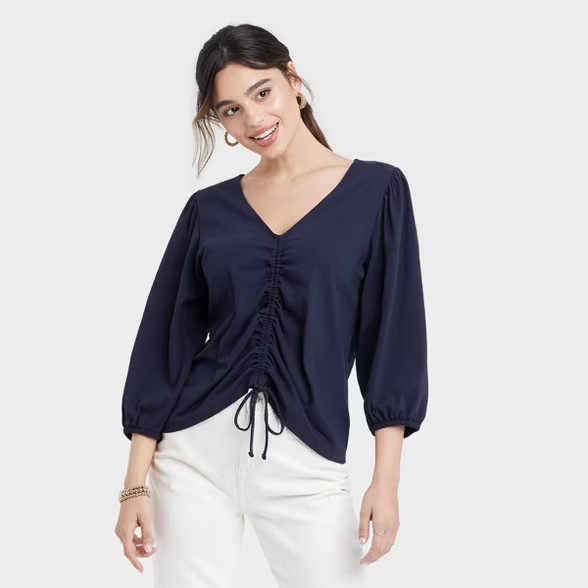 Women's Puff 3/4 Sleeve V-Neck Front Ruched Top - A New Day™ White S | Target