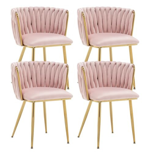 Kiztir Pink Velvet Dining Chairs Set of 4 Upholstered Modern Dining Room Chairs with Woven Back and Gold Metal Legs for Living Room, Bedroom, Kitchen | Amazon (US)