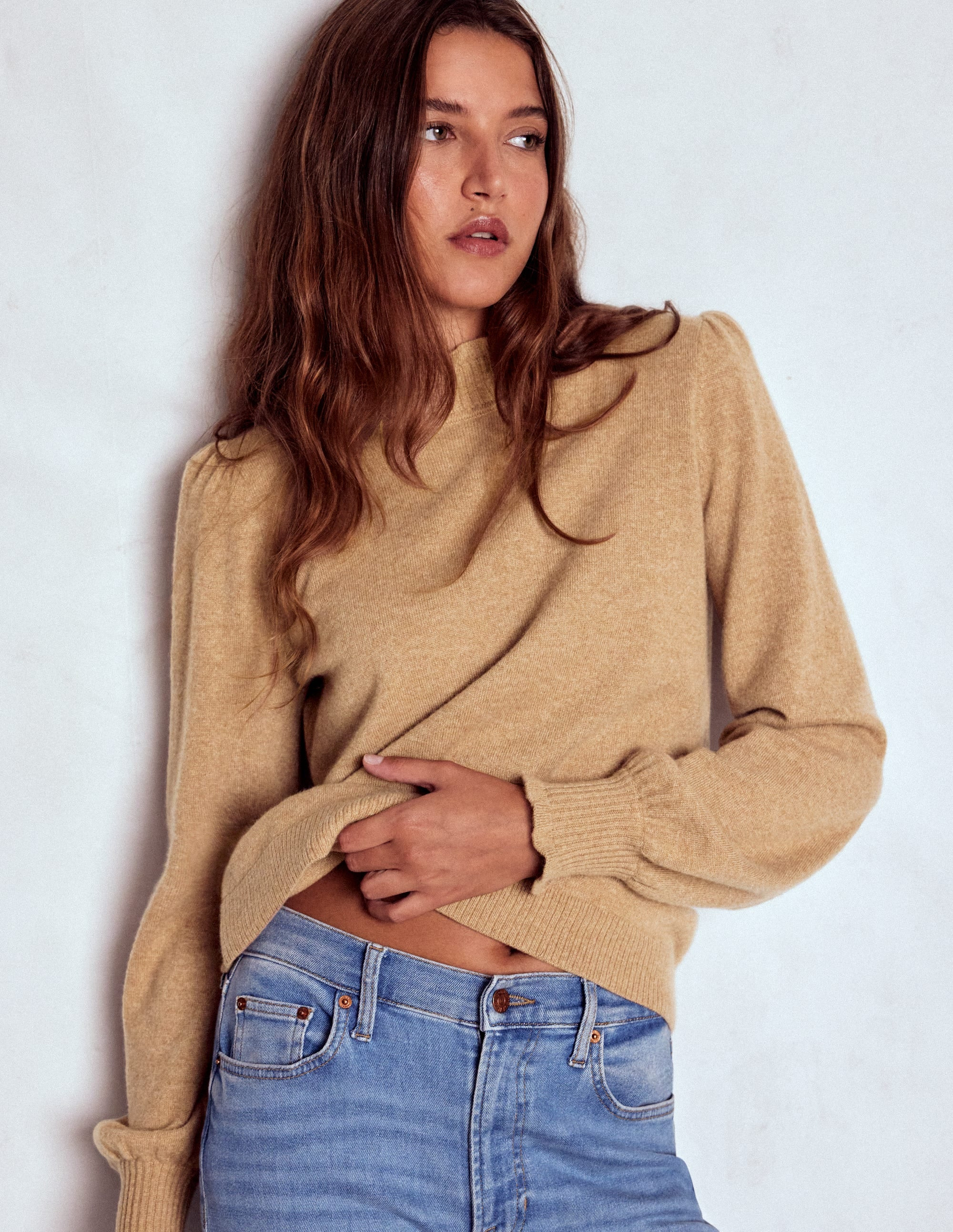 Frill Trim Cashmere Jumper-Camel Melange | Boden UK