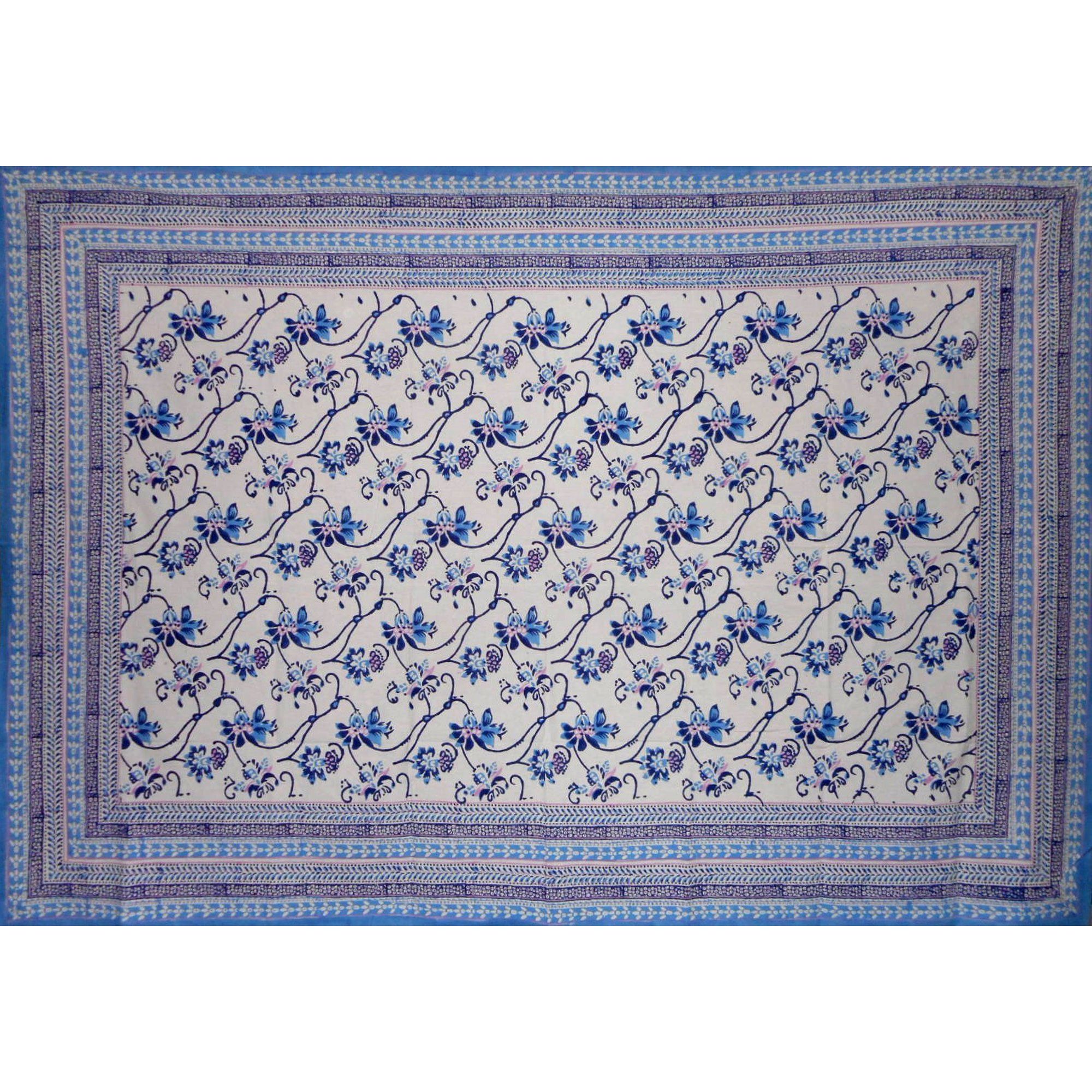 Ajit Flowers  Block Print Cotton Tablecloth 90" x 60" Blue | Walmart (US)