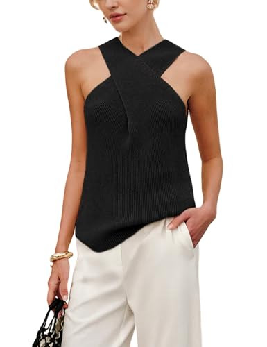 Yeokou Women Halter Cross Over Collar Tank Knit Sleeveless Top Solid Color Casual Summer Blouse | Amazon (US)