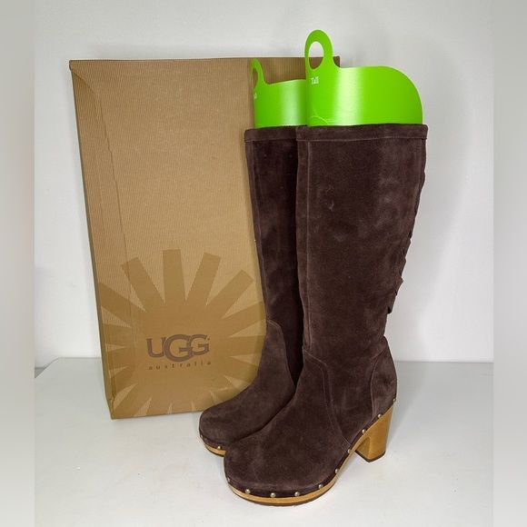 Ugg Rumer Knee High Leather Suede Dark Brown Woven Boot with Wooden Heel sz 8 | Poshmark
