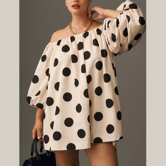 Anthropologie Mare Mare Puff-Sleeve Off-The-Shoulder Mini Dress Tan Cream 3X | Poshmark