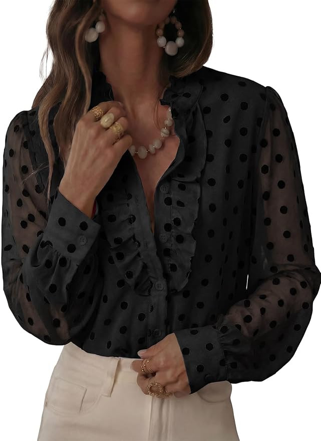 Astylish Womens Dressy Button Down Polka Dot Tops Trendy V Neck Sheer Mesh Long Sleeve Ruffle Tri... | Amazon (US)