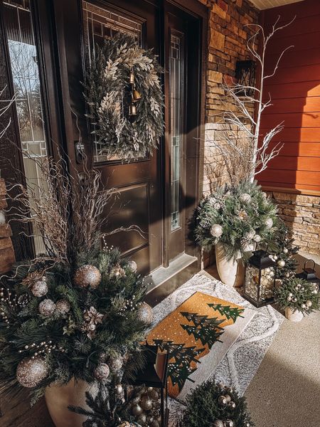 Front door decoration for Christmas. Front porch holiday decor inspiration 

Big potted plants: homegoods 
Wreath: hobby lobby 
Stems: hobby lobby 

#LTKSeasonal #LTKHoliday #LTKhome