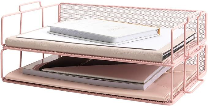 Blu Monaco Pink Desk Organizer Stackable Paper Tray Set of 2 - Metal Wire Two Tier Tray - Stackab... | Amazon (US)