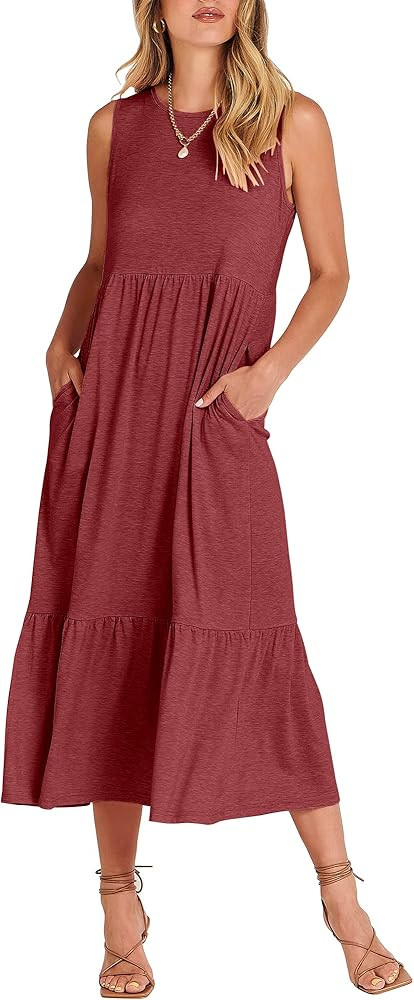 ANRABESS Women's Summer Casual Sleeveless Crewneck Swing Sundress Fit & Flare Flowy Tiered Maxi Dres | Amazon (US)