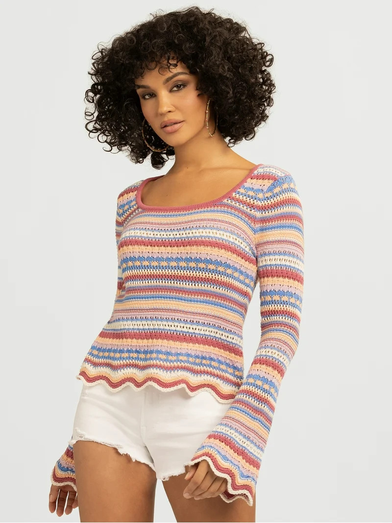 Jessica Simpson Women's Lilianna Cotton Pointelle Sweater with Long Sleeves, Lightweight, Sizes X... | Walmart (US)