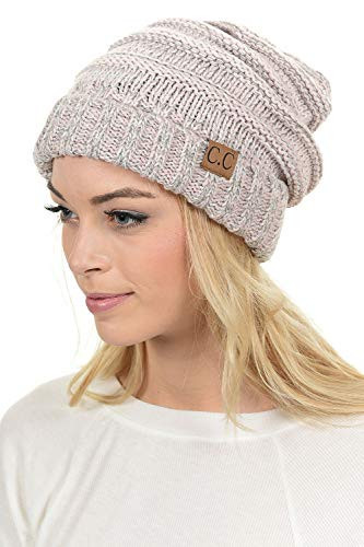 Funky Junque Trendy Warm Oversized Chunky Soft Oversized Cable Knit Slouchy Beanie One Size - Rose Quartz Platinum Grey Tricolor Mix | Amazon (US)