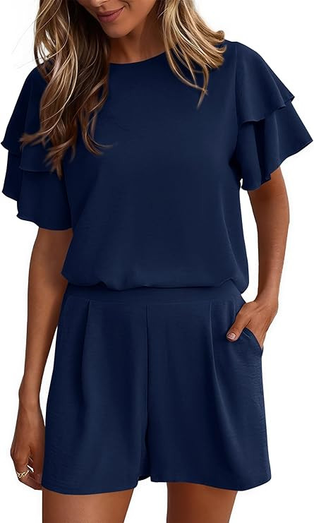 KIRUNDO Two Piece Short Sets For Women 2026 Spring Summer Ruffle Short Sleeve Top Elastic Waist P... | Amazon (US)