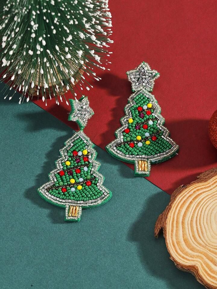 1pair Bohemian Style Christmas Tree Design Multicolor Beaded Handmade Dangle Earrings For Women | SHEIN