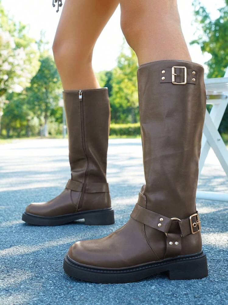 planare Women's Fashion Casual Side Zipper Buckle Motorcycle Boots, Western Boots Chunky Heel Sho... | SHEIN